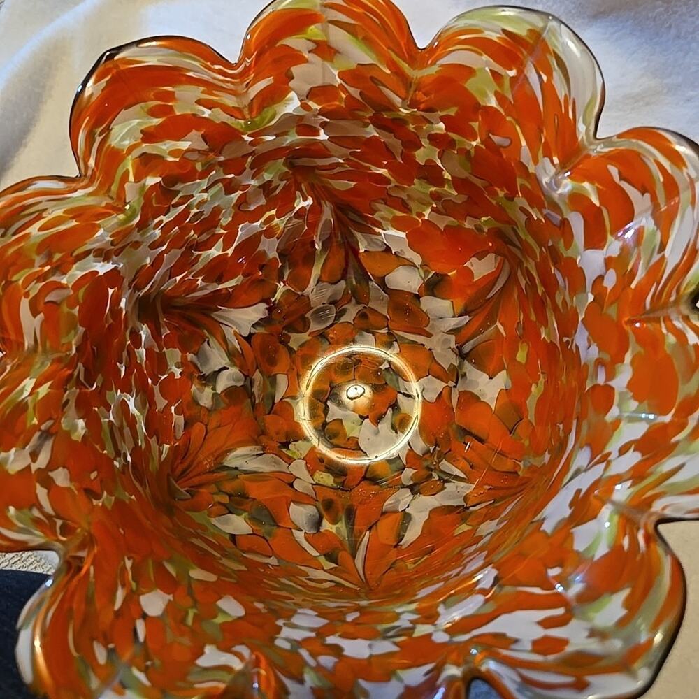 Art Glass Fluted Pedestal Bowl Orange, Black And White - Picture 3 of 7